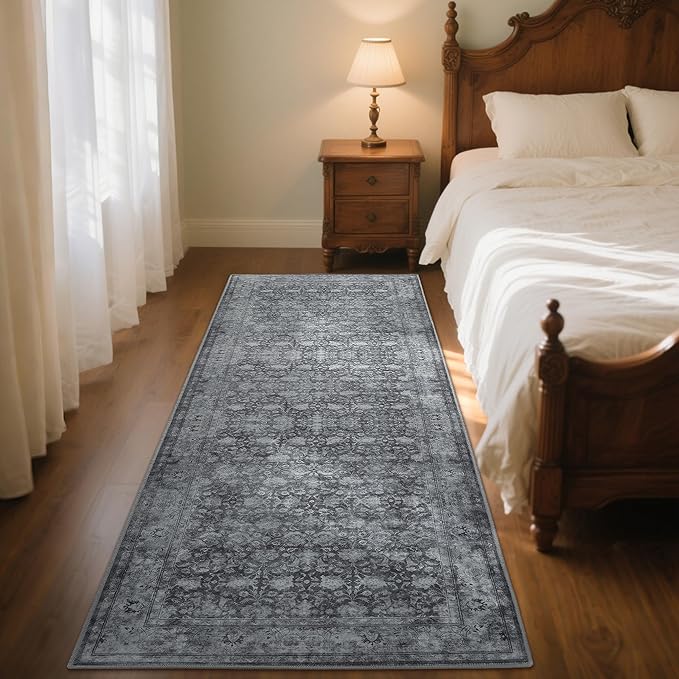 2'6"x8' Washable Runner Rug for Hallway, Non Slip Vintage Floral Long Carpet Runners for Entryway, Kitchen, Bathroom, Bedroom, Low Pile Laundry Rugs with Rubber Backing (Distressed Grey)