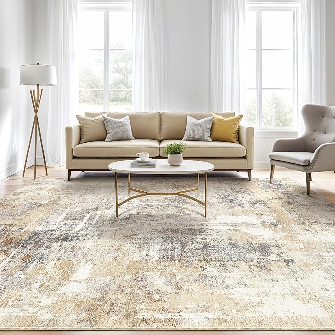 10x13 Area Rug Living Room: Washable Large Abstract Modern Soft Rugs Stain Resistant Indoor Floor Non-Slip Accent Carpet for Bedroom Nursery Playroom Dining Room Office Dorm Home House- Grey Gold