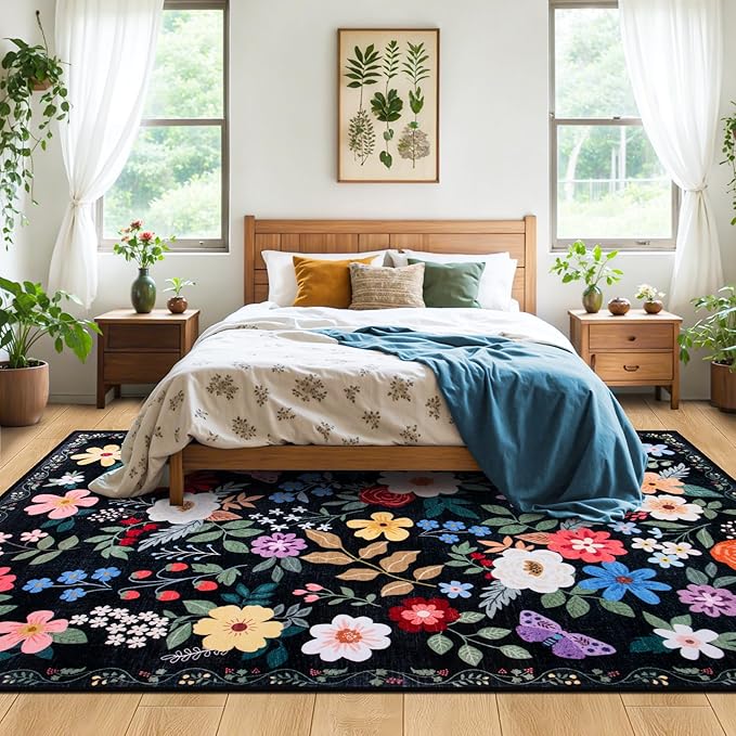 10x12 Area Rugs for Living Room: Floral Washable Rug Vintage Large Soft Boho Non-Slip Carpet Stain Resistant Low Pile Carpets for Bedroom Dining Room Farmhouse Nursery Hallway Home Office Black