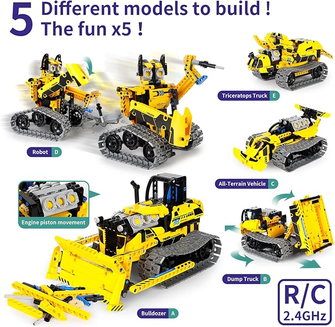 5 in 1 STEM Robot Toy Building Kit, 452 PCS Blocks App & Remote Control Engineering Toys Robotics for Kids Ages 8-12, RC Bulldozer Erector Sets for Boys Girls 6 7 9 10 11 13 14+ Birthday Gifts