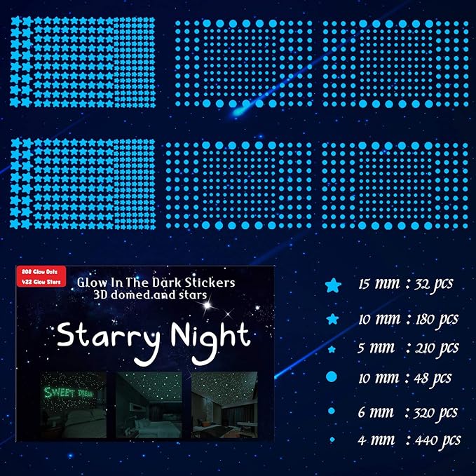 1230 PCS Glow in The Dark Stars Wall Stickers, 3D Adhesive Dots Decor Starry Sky Decor for Kids Bedroom, Beautiful Wall Decals (Blue)