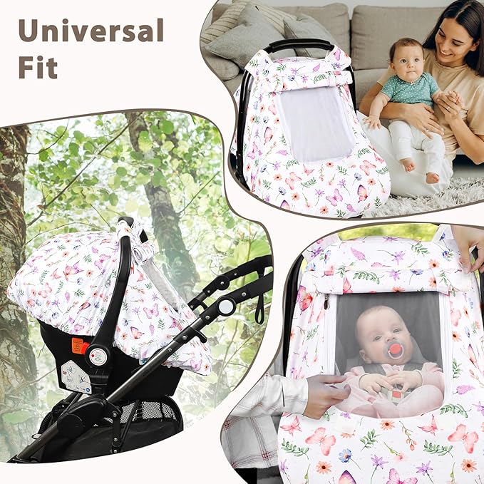 Pea Pod Car Seat Cover Baby, Infant Car Seat Canopy Covers with 2 Layers Windows of Breathable Mesh Fabric, Lightweight Polyester, Soft Minky Dot Backing (Butterfly Pattern)