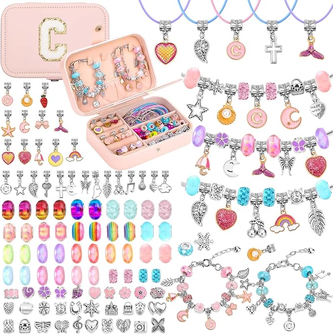 140 PCS Charm Bracelet Making Kit for Girls Age 8-12 Charm Beads for Kids Jewelry Making DIY Bracelet Craft Kit for Girls Valentine Christmas Birthday Gifts with Portable Bracelet Box