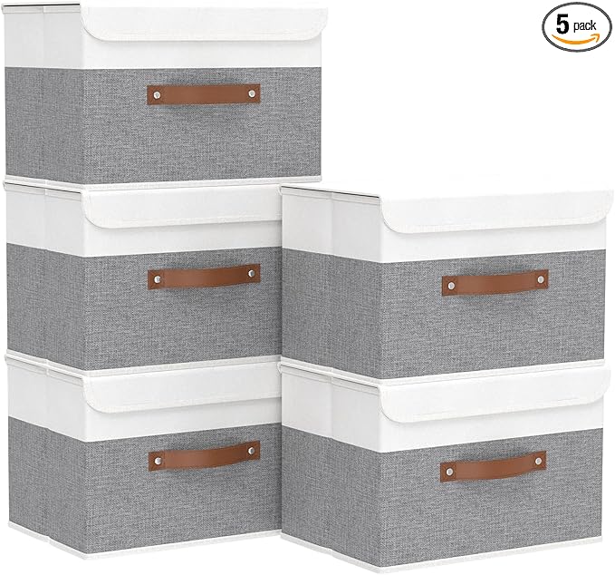 Yawinhe Storage Bins with Lids, Fabric Foldable Boxes, Washable and Leather Handle, Cube Organizer Basket for Home, Closet, White/Grey, 17.7''Lx11.8''Wx11.8''H, 5-Pack, USNK024WGX-5