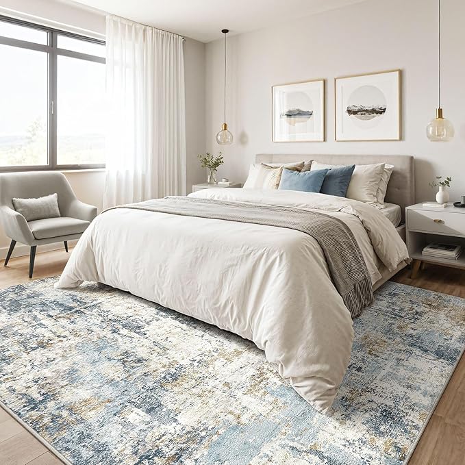 12x15 Area Rugs Washable Rug: Living Room Large Abstract Modern Soft Stain Resistant Indoor Floor Non Slip Accent Carpet for Bedroom Nursery Playroom Office Dining Room Dorm Home House- Blue