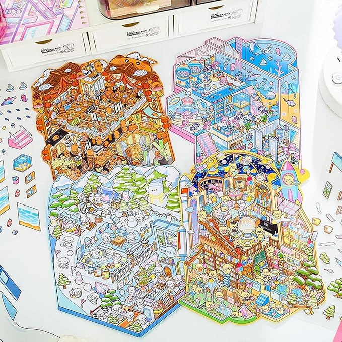 4 Sets Big 3D Sticker Scenes DIY Craft Kit – Build Your Own Miniature Rooms Stickers Book(Museum/Ski Resort/Amusement Park/Aquarium) for Kids & Adults, Creative Craft Kit for Gifts
