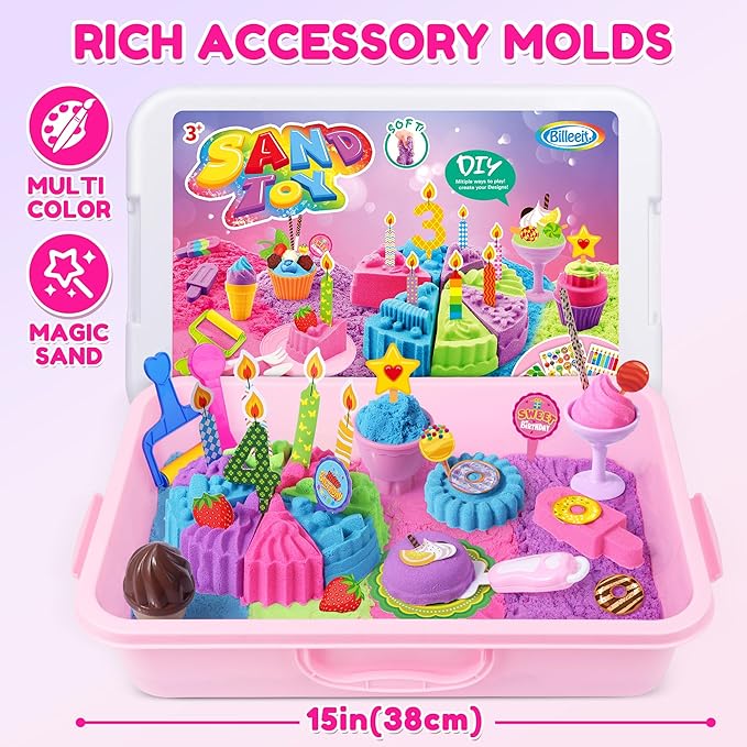 Cake & Ice Cream Sensory Bin Sand Toy, Sand Kit Sensory Toys w/lid and 4 Color Magic Sand 2.2lbs, Molds, Tools Set 43pcs Total for Toddlers, Fun Gift for Kids 3+