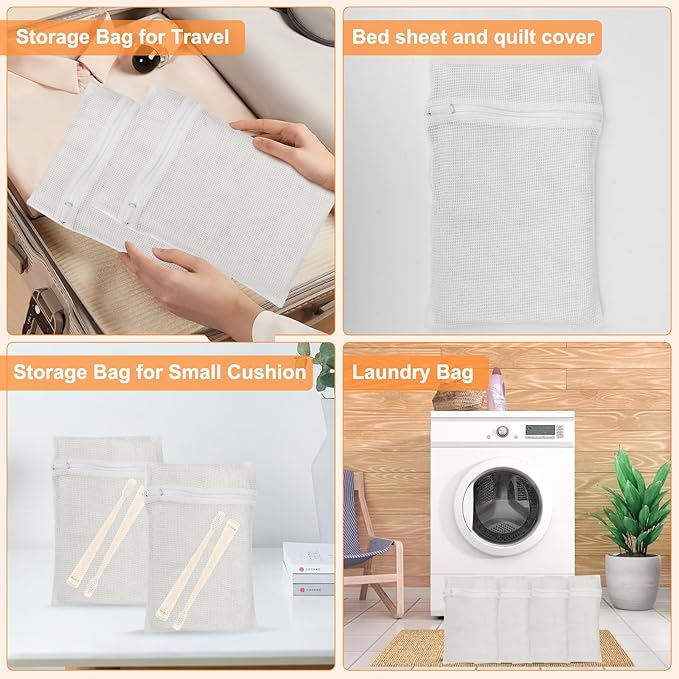 4 Piece White Small, Durable Organic Cotton Mesh Laundry Bag with Strong Zipper and Breathable Mesh, Delicate Laundry Bag for Underwear, Clothes, Pants and Socks