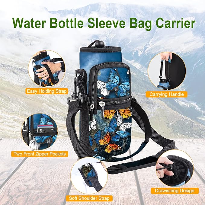 25/32/40/64oz Water Bottle Bag Holder Carrier-Insulated Crossbody Sling Case Sleeve with Strap & Pockets for Men Women Gym Cycling Travel Walking Hiking Camping