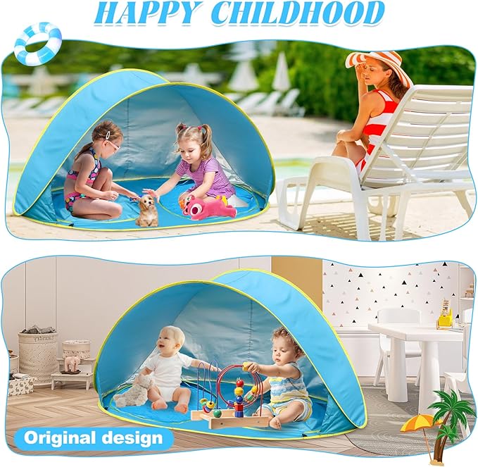 Baby Beach Tent-2 Pools Pop Up UPF 50+ Sunshade with Carry Bag, Portable for Travel,Beach,Camping,Indoor