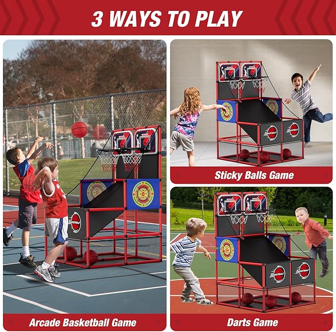 2 in 1 Dual Shot Basketball Arcade Game with 2 Dart Boards/Electronic Scoreboard/LED Light, Kids Basketball Hoop for Home Indoor Outdoor, Sport Toys Gifts for Boys Girls