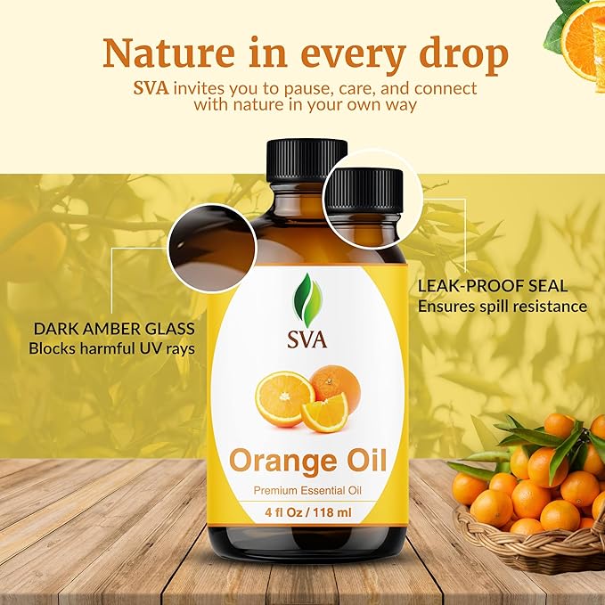SVA Orange Essential Oil – 4 Fl Oz – 100% Natural Orange Oil - for Diffuser, Hair Care, Face, Skin Care, Aromatherapy, Scalp and Body Massage, Soap and Candle Making - with Dropper