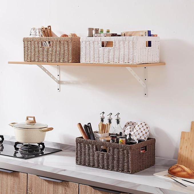 OIAHOMY Wicker Basket, Paper Shelf Basket with Built-in Handles, Rectangular Wicker Storage Bin for Pantry, Shelves, 1 Pack-Brown