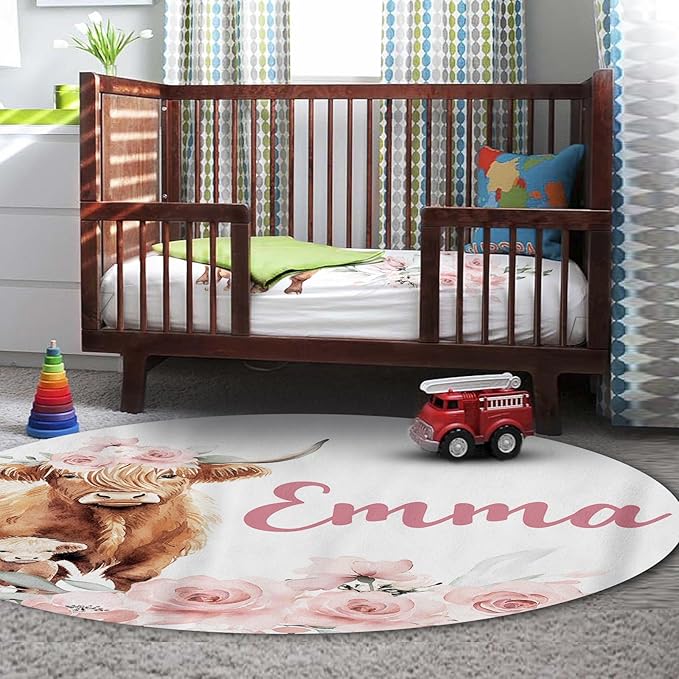 Personalized Baby Crib Bedding Set for Baby Girls, Pink Highland Cow Pattern Custom Name Baby Crib Sets 5-Pcs, Toddler Double Layer Blanket Fitted Sheets Changing Pad Cover Rug Wall Art Set