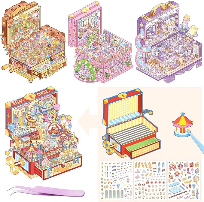 4 Sets DIY 3D Stickers Scene for Adults Teen Girls, Large 3D House Sticker Therapy Cute Cartoon Animal Scenes Sticker, Make Your Own Mini Room Scenes，Relief Stress Pass The Time Birthday Gift