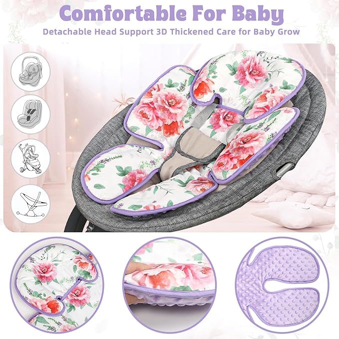 Pea Pod Infant Car Seat Insert 2-in-1 Baby Car Seat Head & Body Support for Newborn Girl Reversible 3 Layer Warm Preemie Carseat Stroller Cushion Headrest with Soft Minky Dot Fabric, Pink Floral