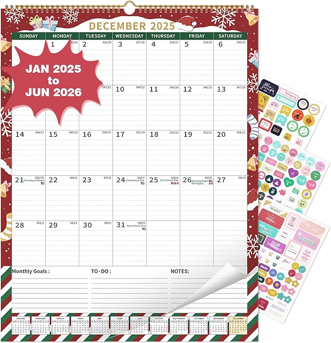 Wall Calendar 2025-2026 Large with Spiral Bound, 18 Month Big Calendar from Jan 2025 to Jun 2026, Vertical Large Monthly Desk Calendar 2025-2026 for Wall, Calendario 2025 (17"x22")