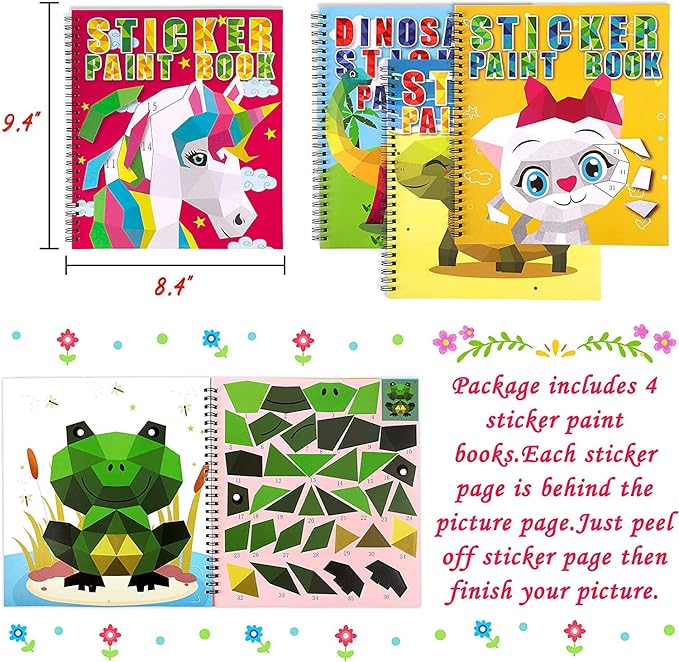 4PCS Crafts for Kids Ages 4-8 Sticker Books - Includes Dinosaur Llama Turtle and More Animal Designs Gift Party Create 40 Pictures