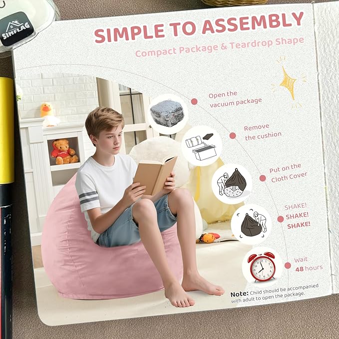 2FT Bean Bag Chair, Comfy Bean Bag Chairs with Memory Foam Filled, Fluffy Beanbag Sofa with Dutch Velvet Cover, Teardrop BeanBag Chairs for Living Room, Playroom - Light Pink