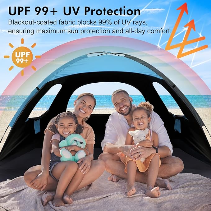 WhiteFang Beach Tent Anti-UV Portable Sun Shade Shelter for 3/4/6/8 Person, Extendable Floor with 3 Ventilating Mesh Windows Plus Carrying Bag, Stakes and Guy Lines