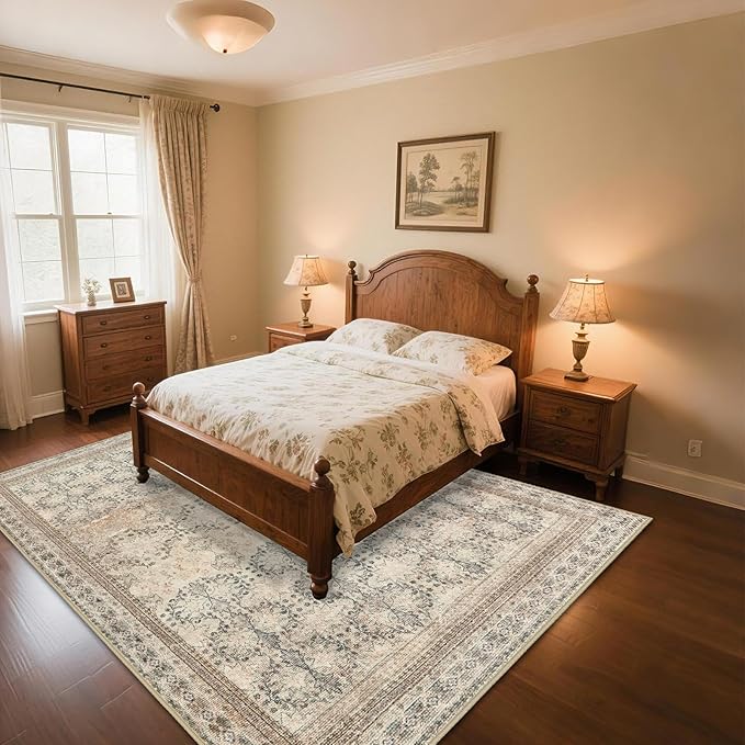 4x6 Area Rug for Bedroom Machine Washable, Non Slip Vintage Floral Kitchen Rugs for Dining Room, Rustic Indoor Floor Carpet for Nursery, Farmhouse, Office Classroom Beige/Pink/Orange