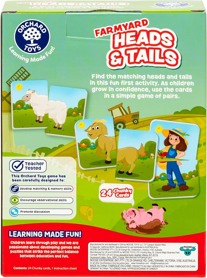 ORCHARD TOYS, Farmyard Heads & Tails Game - New Art, A First Matching Activity That Develops Into a Fun Game, 24 Updated Chunky Cards, Age 18 Months+, 1-4 Players