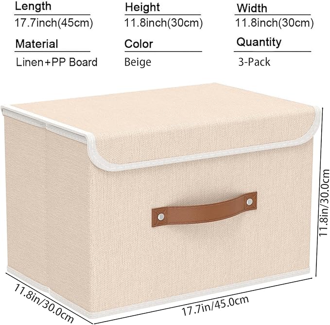 Yawinhe Collapsible Storage Boxes, Linen Fabric Baskets, Bin with lid and Leather Handle, Washable, for Home, Closet, Beige, 17.7''Lx11.8''Wx11.8''H, 3-Pack, USNK024BEX-3