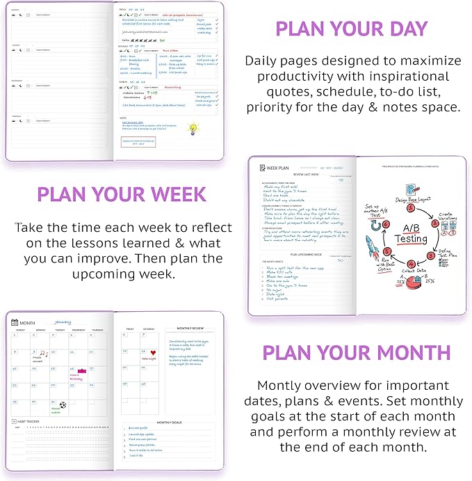 Undated Daily Planner – 1-Year B5 Productivity Organizer with Two-Page Weekly Spread, Goal Setting, Habit Tracker, Weekly & Monthly Pages – Hardcover Time Management Notebook (Lilac)