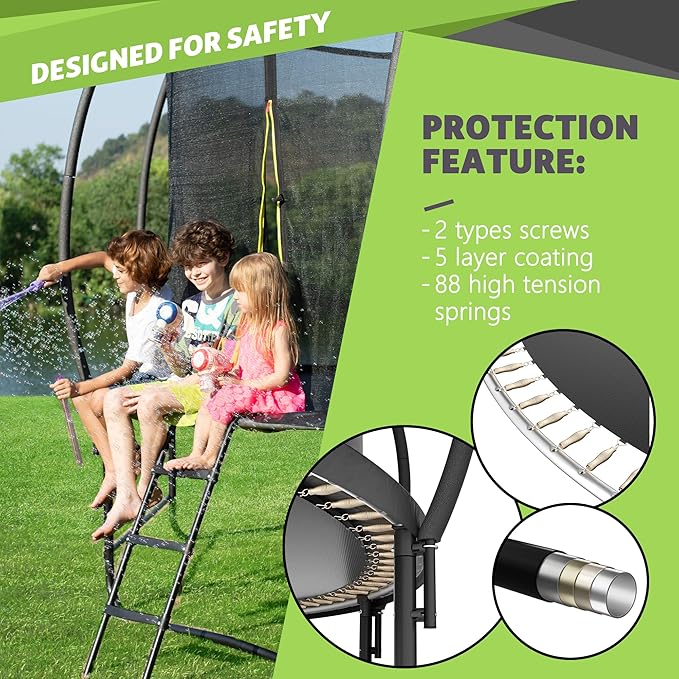 14FT 12FT 10FT 16FT Trampoline with Safety Enclosure, Anti-Rust Coating – ASTM Certified, Heavy-Duty Outdoor Trampoline with Ladder – for Kids & Adults