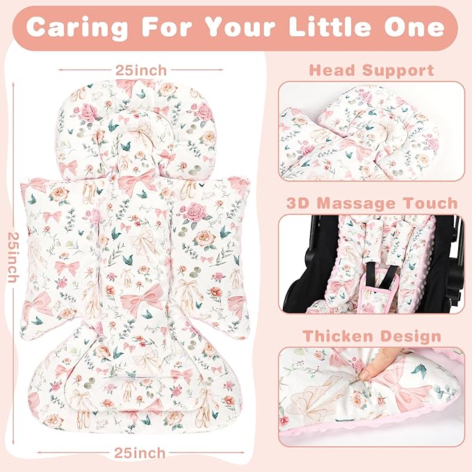 3-in-1 Infant Car Seat Insert, Soft Head and Body Support,Ultra & Strap Covers Set, Reversible Newborn Car Seat Cushion Pad for Baby Boy & Girl fits Stroller, Swing, Bouncer (Pink Bow)