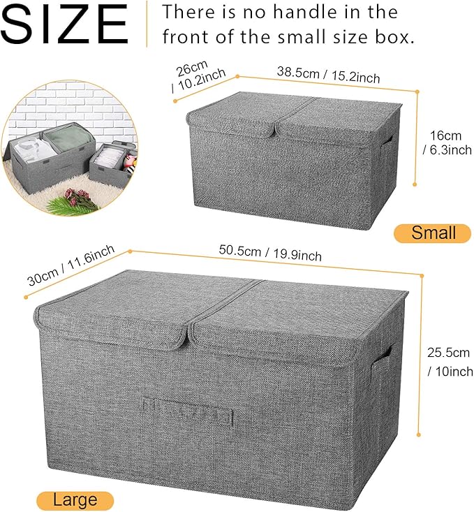 2 Pack Storage Boxes with Lids and Handles, Collapsible Linen Storage Bins Organizer Containers Baskets Cube with Removable Divider for Home Bedroom Closet Office (Green, Small)