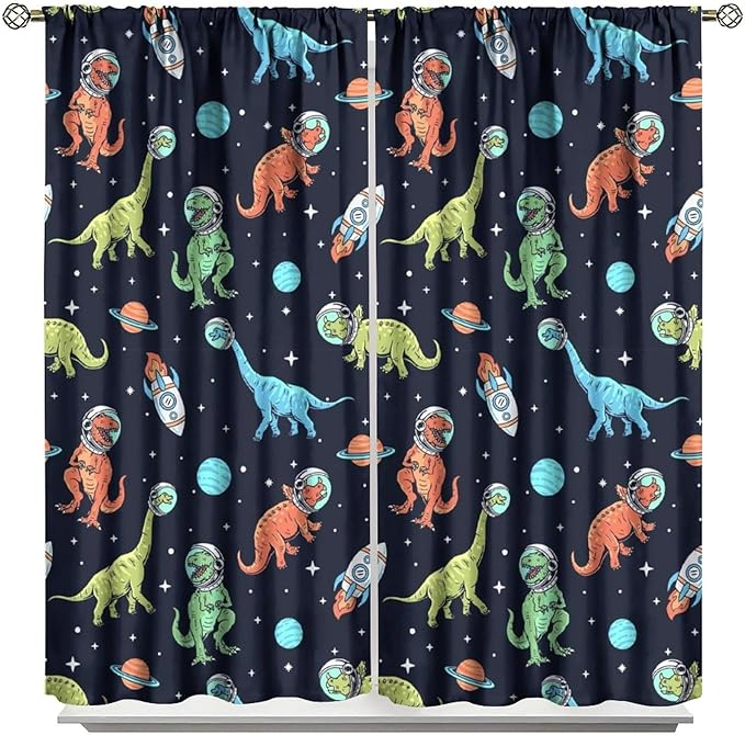 Cartoon Dinosaur Curtains for Kids Boys Girls Home Decor, Astronaut Rocket Funny Outer Space Blackout Rod Pocket Window Drapes for Bedroom Living Room W31.5xL63in 2 Panels