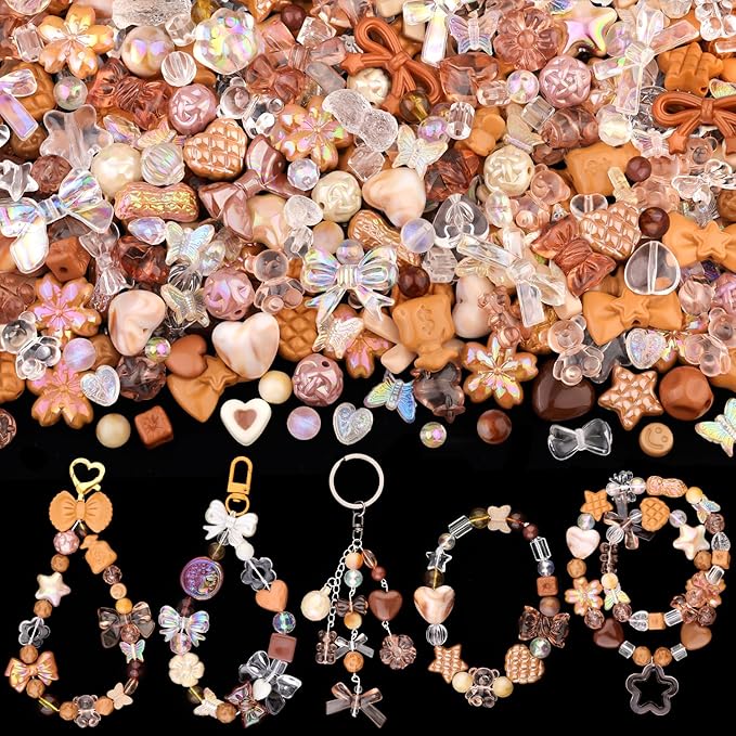 Assorted 170-230PCS Brown Acrylic Beads for Bracelet Making, Flower Bow Butterfly Candy GummyBear Aesthetic Bracelet Charms,Cute Beads for Jewelry Making DIY Necklace Keychain Phone Charm