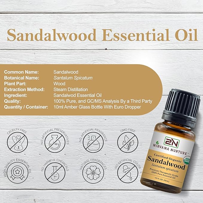 Sandalwood Essential Oil USDA Certified Organic 100% Pure Premium Therapeutic Grade, Undiluted - Aromatherapy Diffuser for Calm and Relaxation, Skin Care, Hair Care