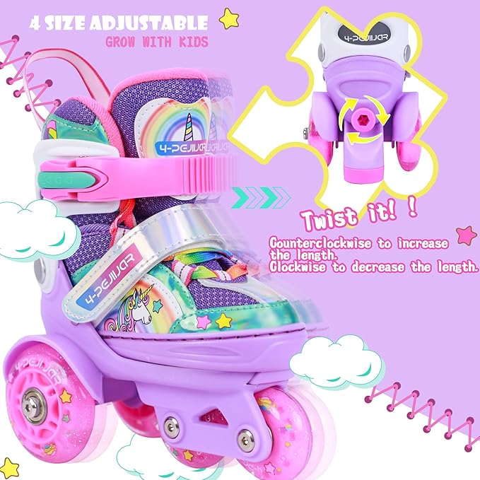 4-Pejiijar Rainbow Unicorn Kids Roller Skates for Girls Toddler Ages 2-4 5-8 8-12,Adjustable Roller Shoes with Luminous Wheels for Birthday Xmas Gifts