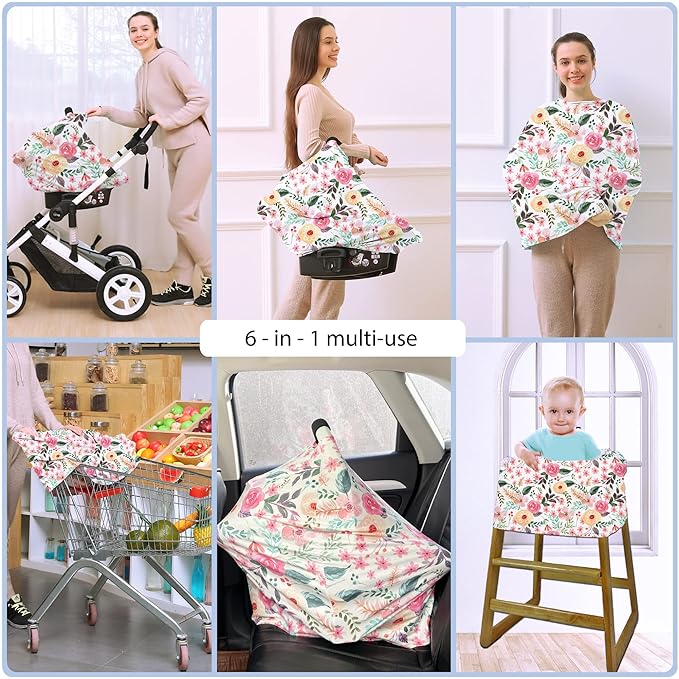 Nursing Carseat Canopy Breastfeeding Cover - Multi-use Stretchy Car Seat Covers for Babies, Baby Shower Gifts (Pink Floral)