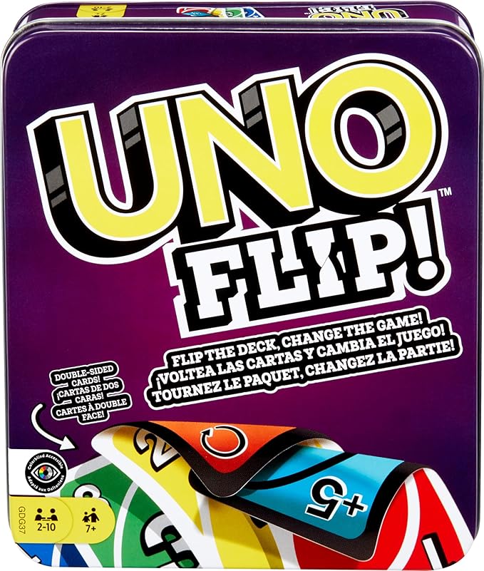Mattel Games UNO FLIP! Family Card Game, with 112 Cards in a Sturdy Storage Tin, Makes a Great Gift for 7 Year Olds and Up