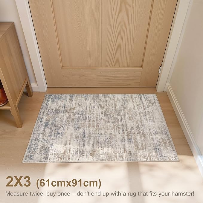 2x3 Entryway Area Rugs: Washable Neutral Abstract Small Rug Door Mat Non-Slip Soft Low Pile Indoor Carpe for Entrance Kitchen Front Door Bathroom Entry Kids Room - Brown
