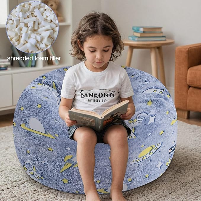 COMAX Kids Bean Bag Chair Turn into Beanbag Bed, Toddler Bean Chair for Girl Boy Sleeping, Lazy Children Bean Bags with Filler, Convertible Child Floor Mattress, Blue Universe