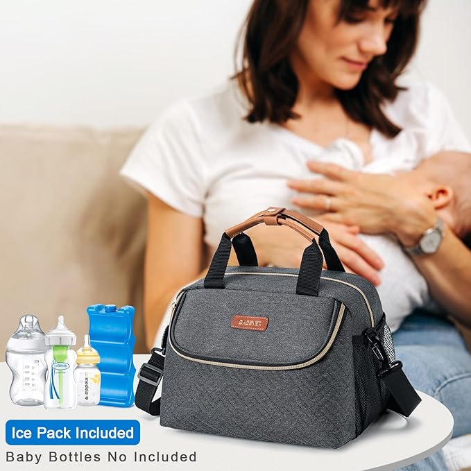 Breastmilk Cooler Bag with Ice Pack Fits 6 Baby Bottles up to 9 Ounce, Wearable Breast Pumps Cooler Bag for Nursing Mom Daycare, Work, Travel- Dark Grey