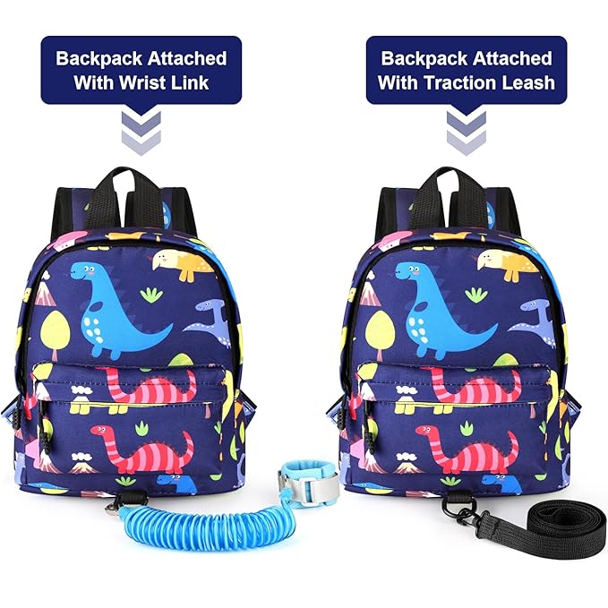 Accmor Toddler Backpack Leash with Anti Lost Wrist Link, Cute Mini Child Walking Harnesses Keep Kids Close Back Pack Rope Tether Rein for Baby Boys (Navy Blue/Dino)