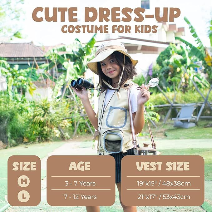 Kids Bug Catching Kit - Complete Explorer Kit with Safari Vest, Hat & More - Cute Dress-Up Safari Costume, or Zoo Keeper - Outdoor Explorer Set & Bug Toys for 7+ Year Old Boys Girls + Adventure Book