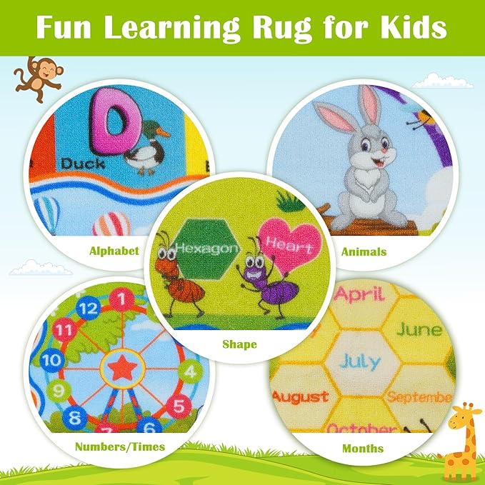 STARUIA ABC Rug for Kids Playroom, Classroom Floor Play Mat for Kids, Preschool Educational Rug for Learning Alphabet Animals Numbers Months, ABC Carpet Play Rug for Nursery Kid Room Decor (39"X59")