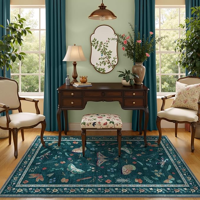 3x5 Washabl Rug with Insect Print - Bug Rug Non-Shedding Stain Resistant Soft Small Carpet for Bedroom, Low Pile Ultra-Thin Machine Washable Carpet for Nursery,Entrance, Office (3'x5' Teal)