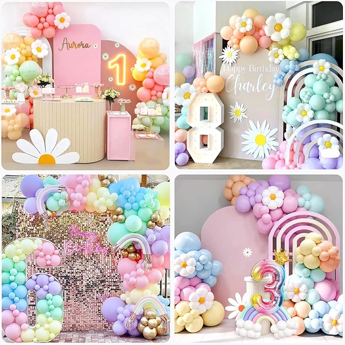 4th Birthday Decorations Girl Pastel, Slmeno 219Pcs Pastel Rainbow Balloon Arch Garland Kit, with Number 4 Balloons,Banner,Cake Toppers,12 3D Butterfly for 4 Year Old Girl Birthday Easter Party Decor