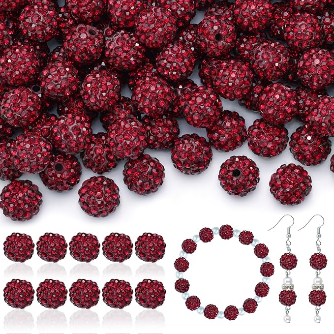 105pcs 10mm Rhinestone Beads for Jewelry Making, Dark Red Shiny Round Disco Ball Beads Bulk, Sparkle Crystal Clay Christmas for Bracelet Baseball Necklace Earring Crafting and DIY
