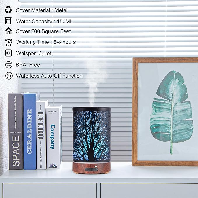 Essential Oils Diffuser for Home,150ML Aromatherapy Diffuser,Birthday Gifts for Women mom,Metal Cool Mist Humidifier with 7 Colors Lights Waterless Auto Off Air Diffusers(Tree)
