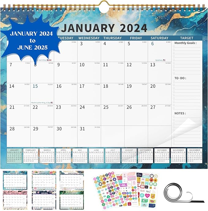 Calendar 2024-2025 Planner Wall Hanging Spiral Bound Magnetic Fridge Calendars 15" x 12", Use Jan 2024 - Jun 2025