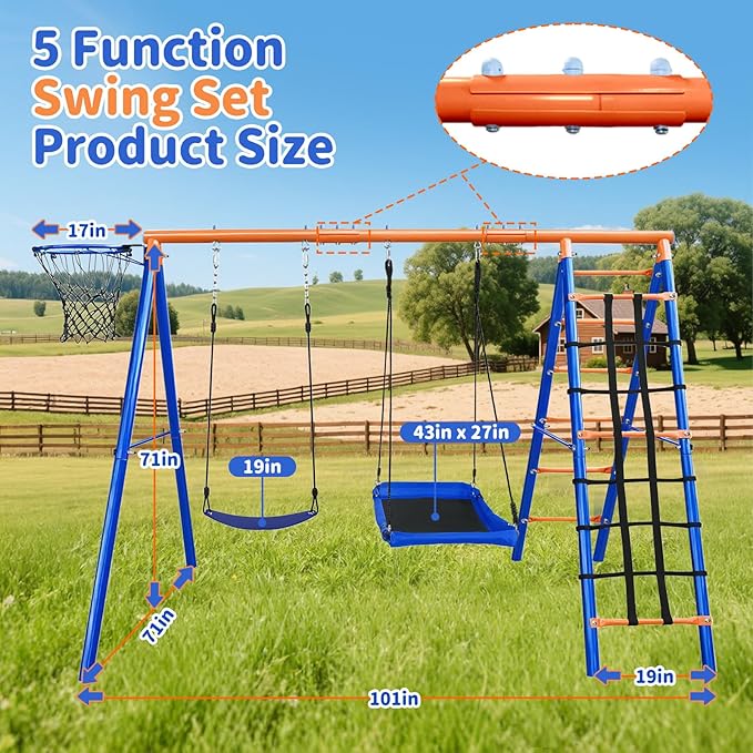 5-in-1 Heavy-Duty Metal Swing Set for Backyard - 500lb Capacity Outdoor Playset with Basketball Hoop & Climbing Rope