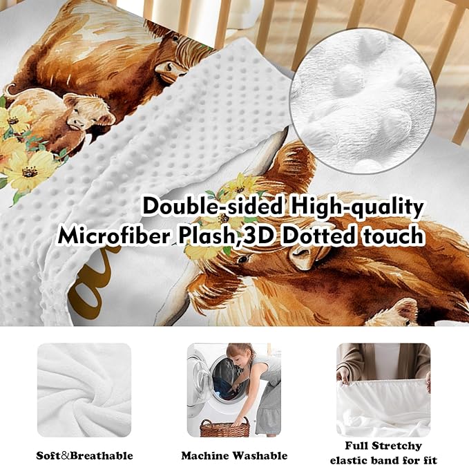 Personalized Baby Crib Bedding Set, 5-Piece Highland Cow Design Baby Crib Sets with Custom Name, Toddler Double Layer Blanket Fitted Sheets Changing Pad Cover Rug Wall Art Set, Charming Nursery Decor